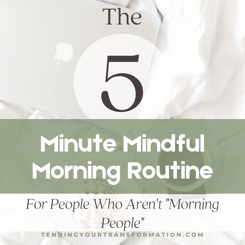 Image With Text, "The 5 Minute Mindful Morning Routine. For People Who Aren't Morning People" Tendingyourtransformation.com